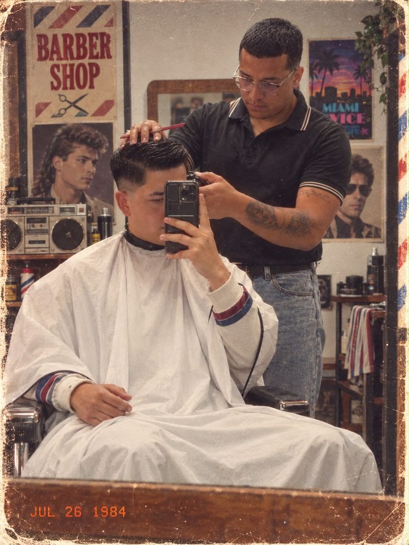 Recreación ochentera: barbero y cliente